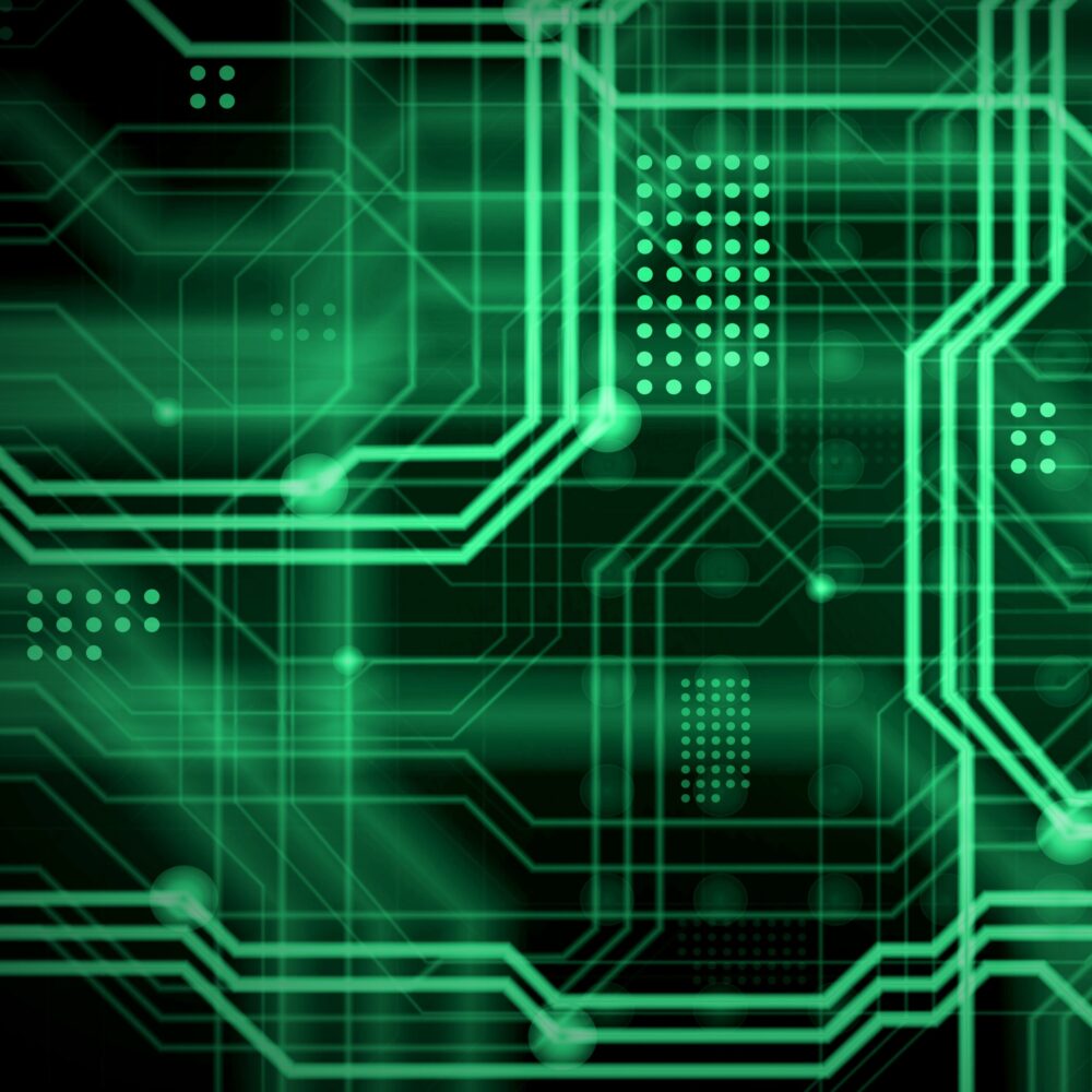 An abstract technological background consisting of a multitude of luminous guiding lines and dots forming a kind of physical motherboard. Green color